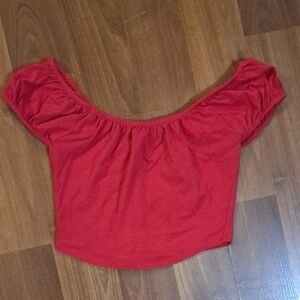 Bozzolo Crimson Off-the-Shoulder Crop Top with Ruched Sleeves